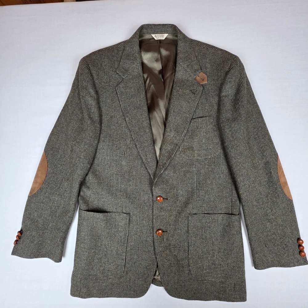 Hunt Valley Pure Wool Tweed Elbow Patch Blazer Sport Coat Mens 42L Brown Check
